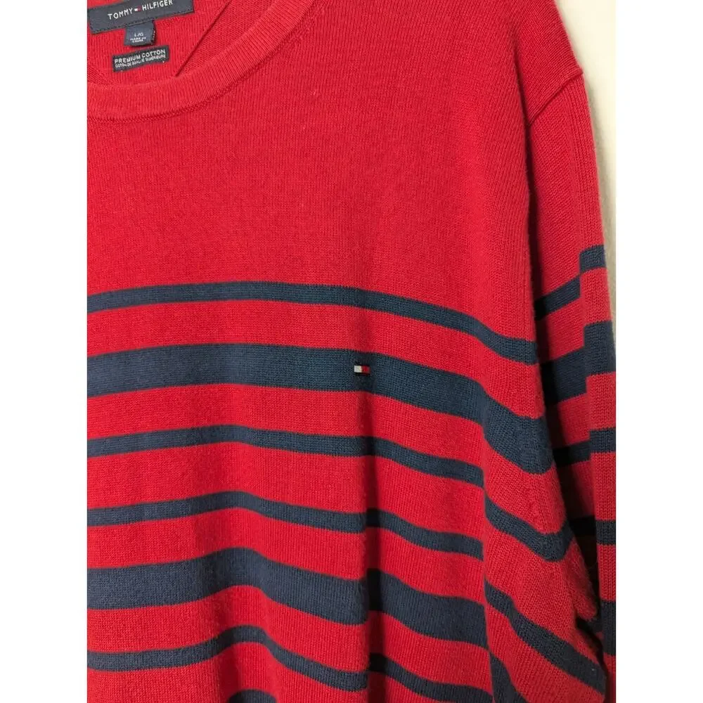 Tommy Hilfiger Size L Sweater Mens Red Navy Blue Stripe Cotton